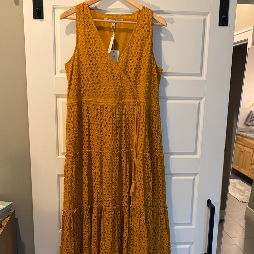 Frye - Anthropologie Women's Mustard Eyelet Tiered Maxi Dress